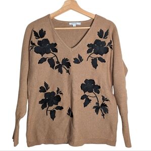 Chico's Floral Embroidered Pullover Sweater Size M Brown Camel